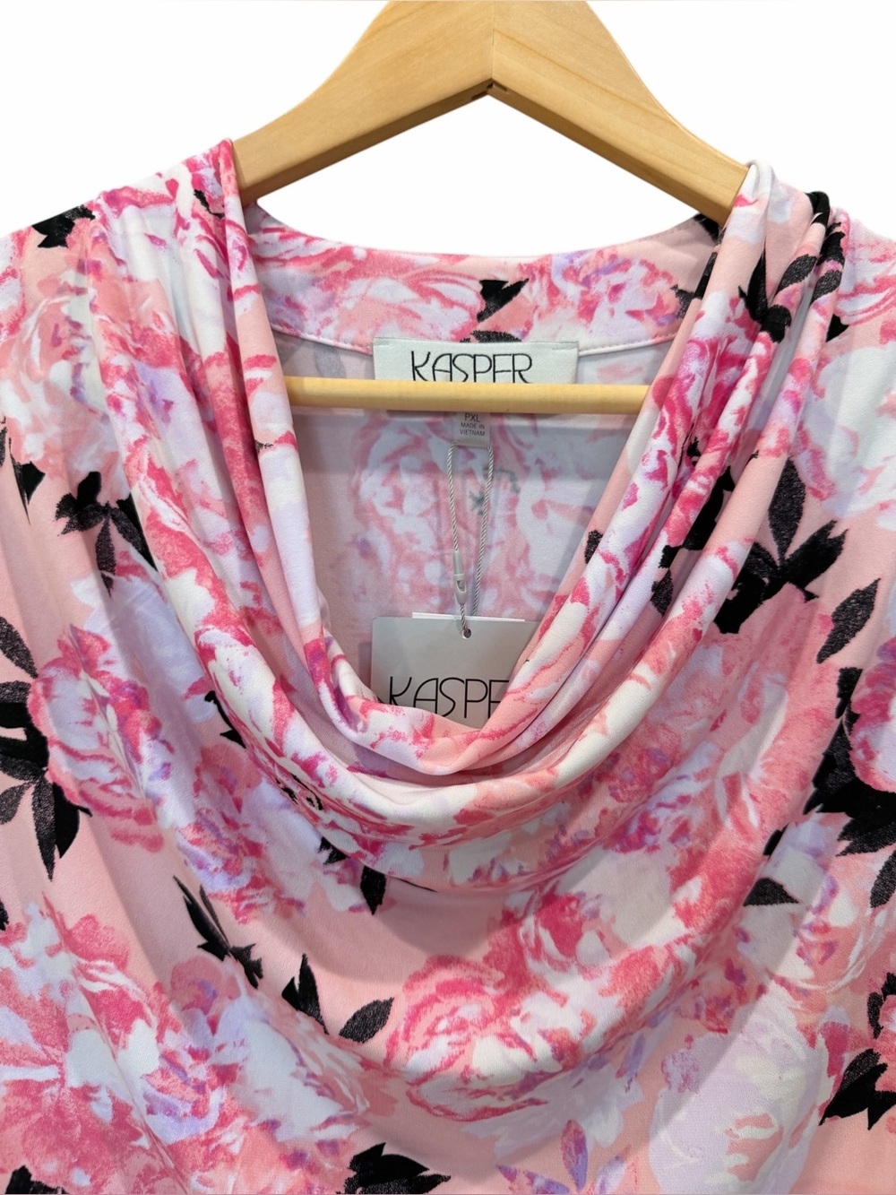 Kasper Floral Cowl Neck Top Cap Sleeve Shell Stretch Knit Pink Petite PXL NWT - Picture 3 of 14